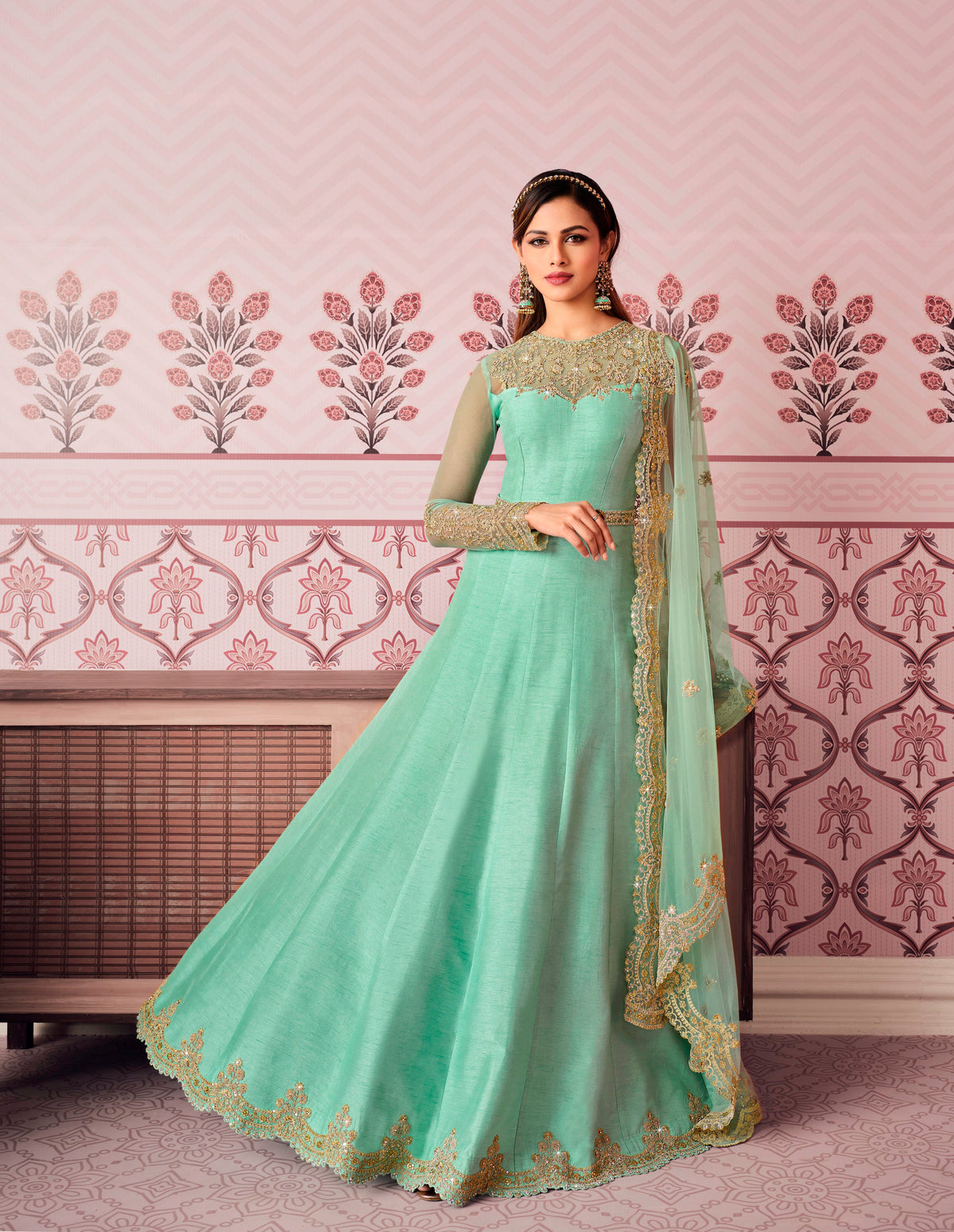 Sky Blue Color Russian Silk Embroided Gown for Woman - Joshindia