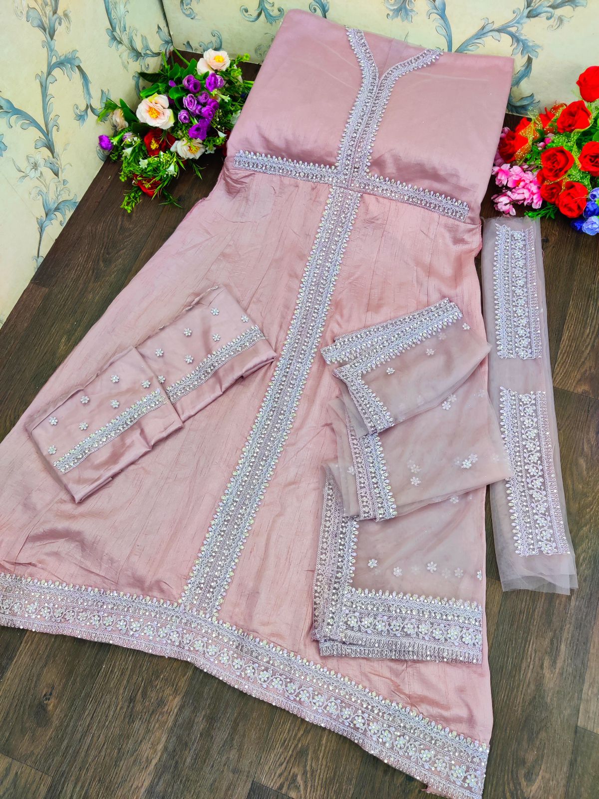 Purple Color Russian Silk Embroided Gowen for Woman - Joshindia