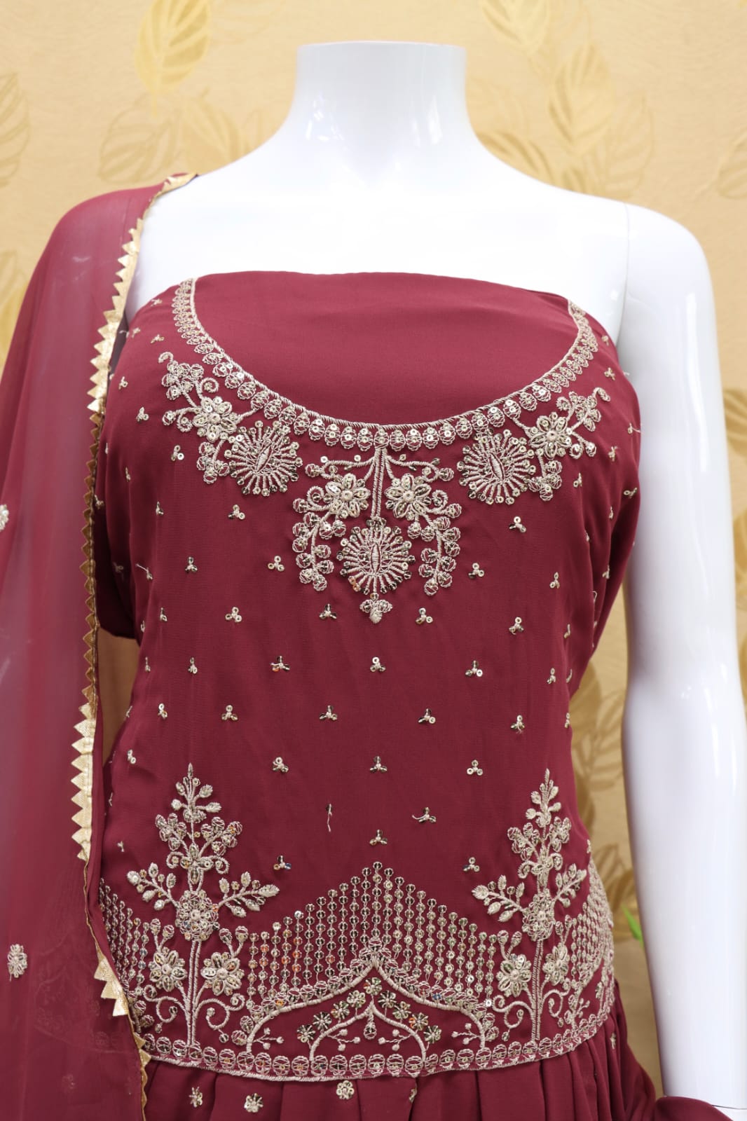 Red Color Faux Georgette Embroided Sharara Suit - Joshindia