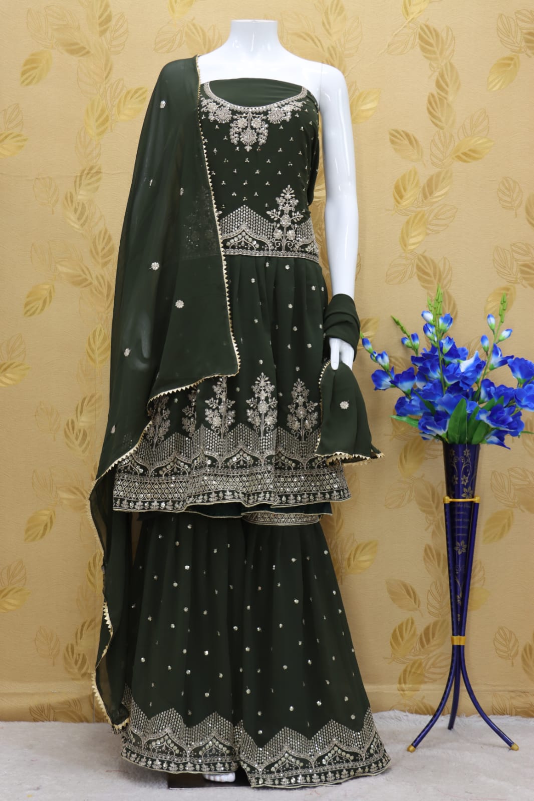 Green Color Faux Georgette Embroided Sharara Suit - Joshindia