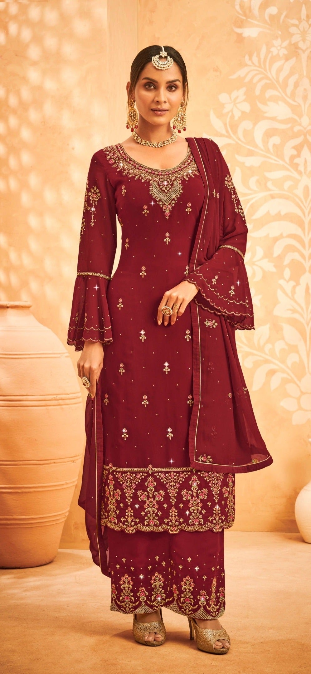 Maroon Georgette Embroided Semi Stitched Palazzo Suit - Joshindia