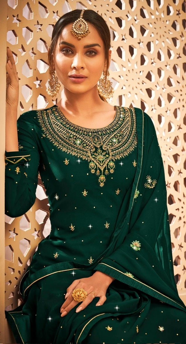 Green Georgette Embroided Semi Stitched Palazzo Suit - Joshindia