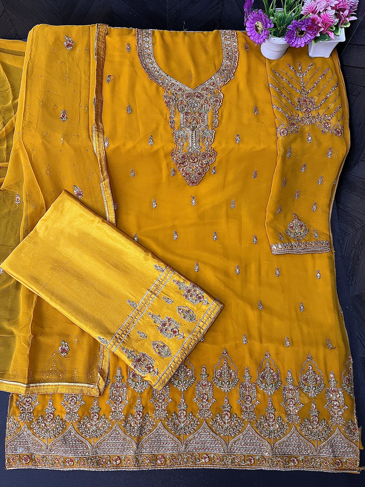 Yellow Georgette Embroided Semi Stitched Palazzo Suit - Joshindia