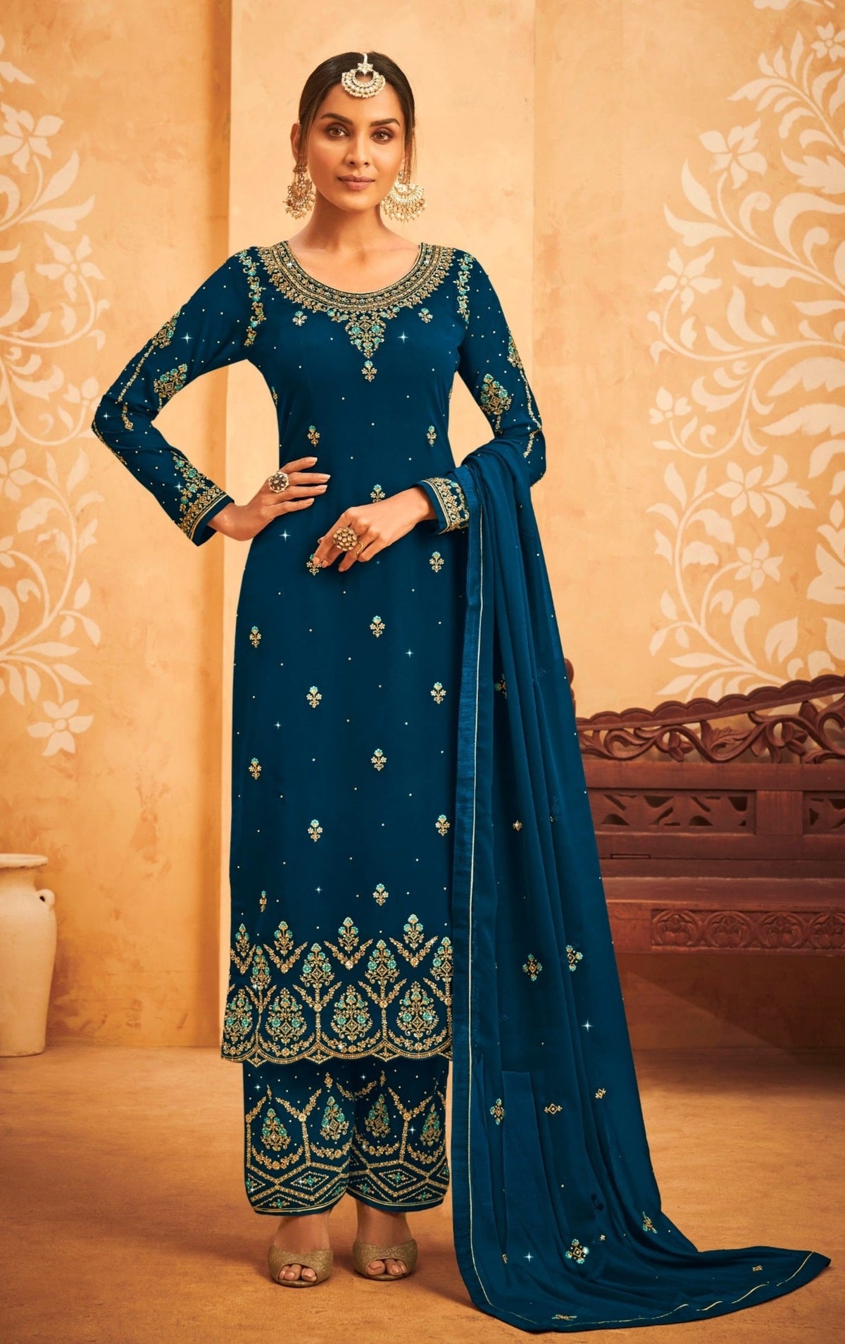 Blue Georgette Embroided Semi Stitched Palazzo Suit - Joshindia