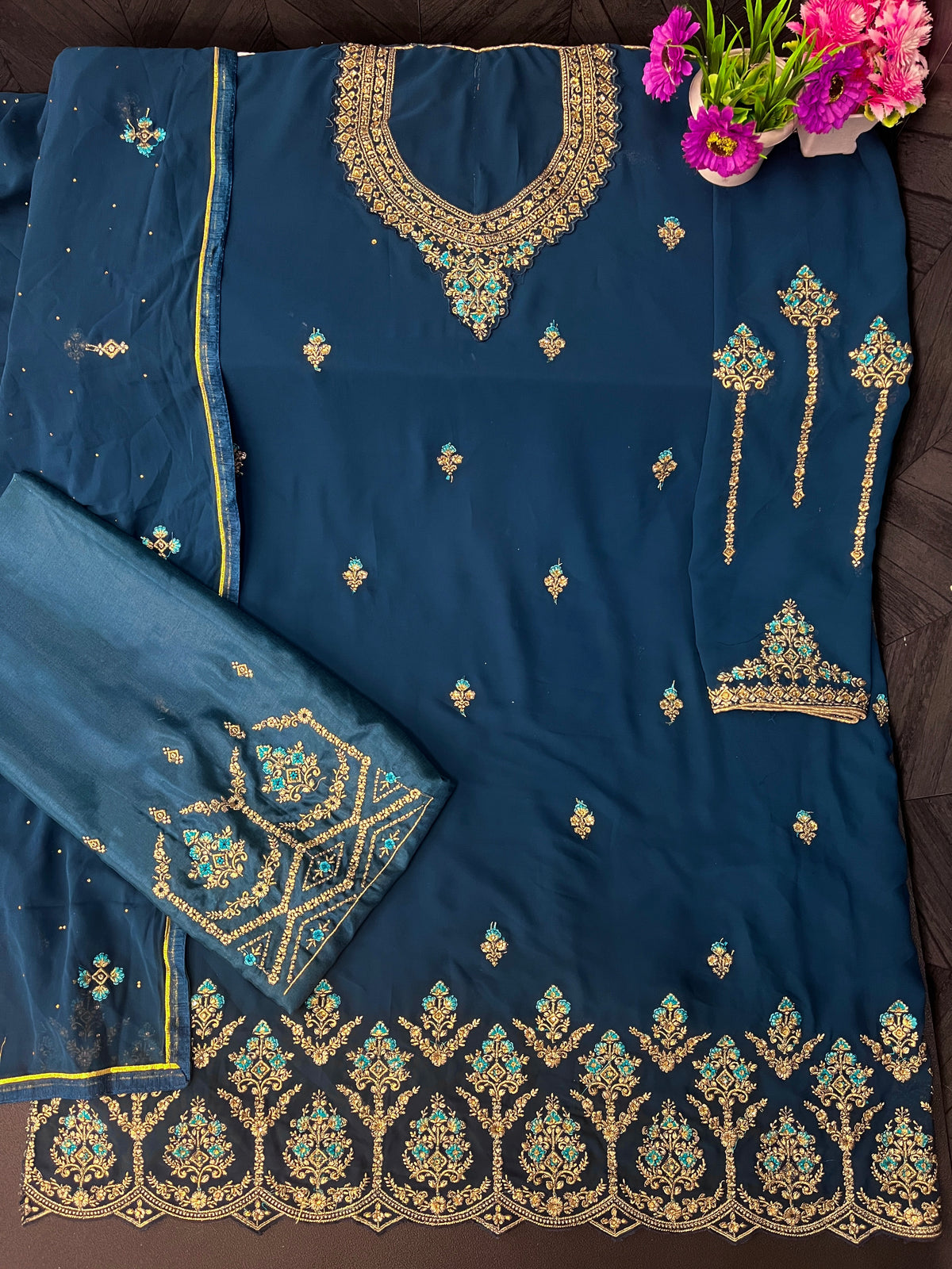 Blue Georgette Embroided Semi Stitched Palazzo Suit - Joshindia