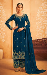 Blue Georgette Embroided Semi Stitched Palazzo Suit - Joshindia