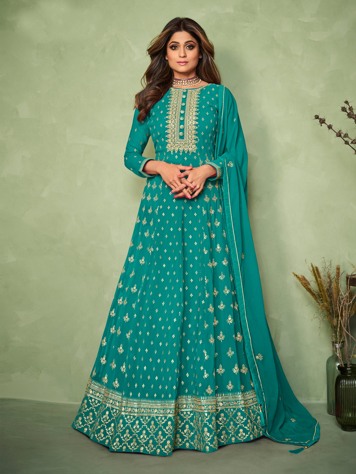Bottle Green Georgette Embroided Anarkali Salwar Suit - Joshindia