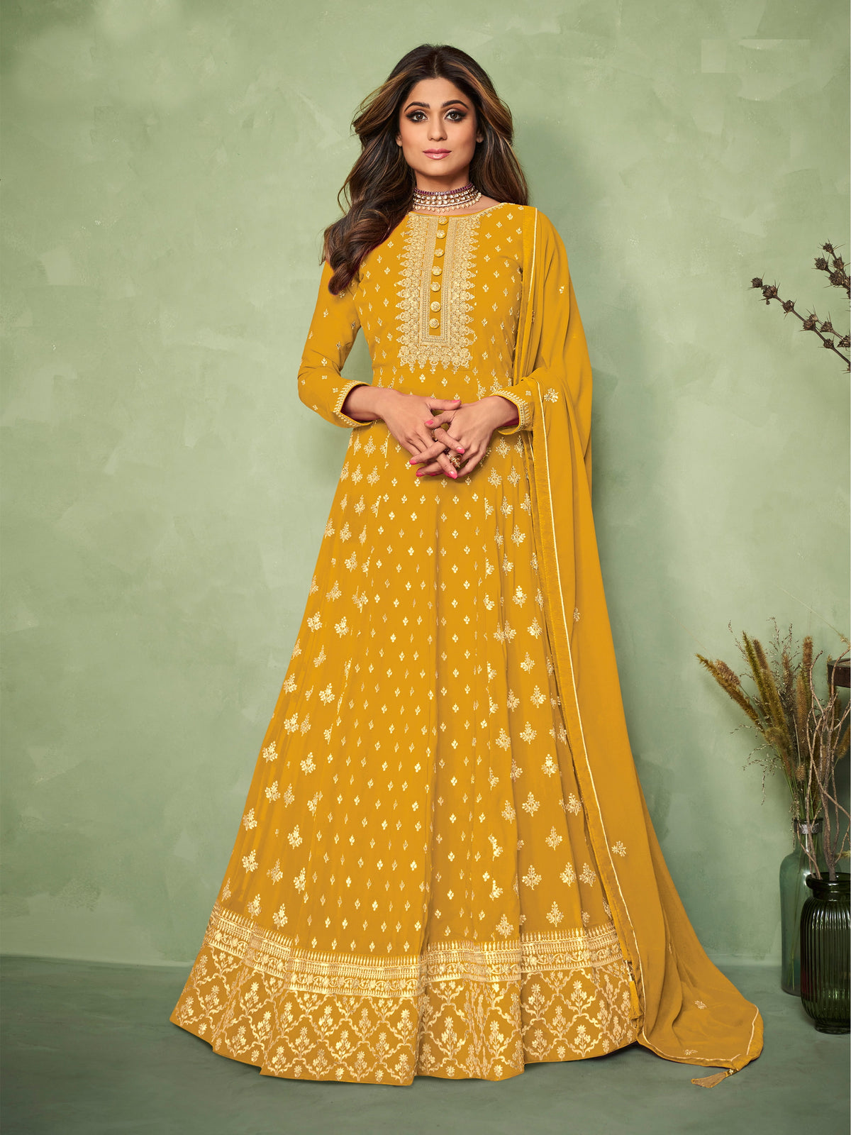 Yellow Georgette Embroided Anarkali Salwar Suit - Joshindia