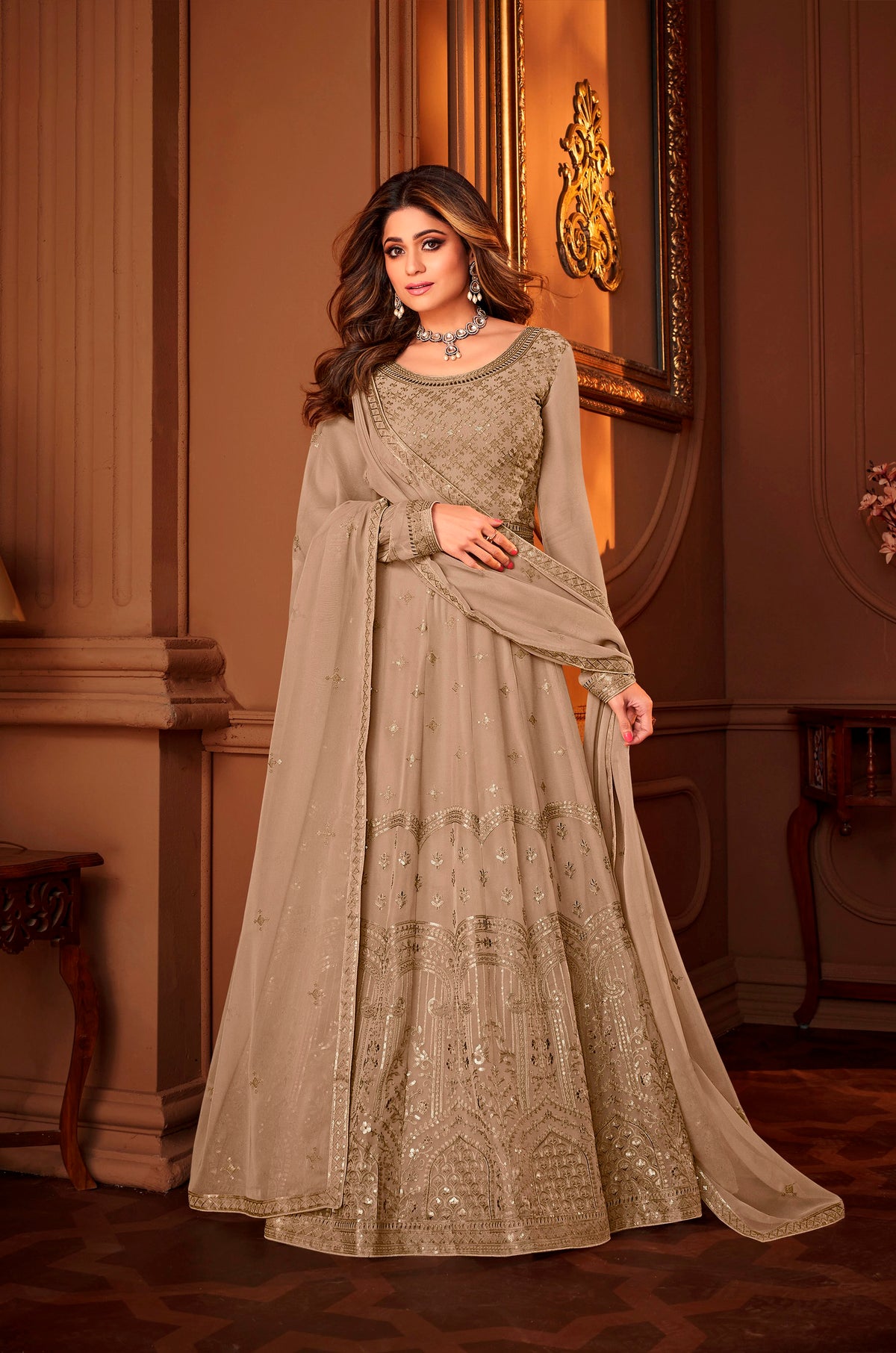 Beige Fox Georgette With Sequence Work Anarkali Suit - Joshindia