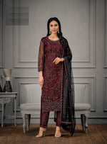Maroon Color Women Soft Net Embroidery Work Straight Salwar Suit - Joshindia