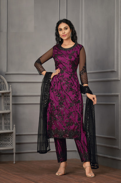 Purple color Women Soft Net Embroidery Work Straight Salwar Suit