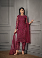 Beet Color Women Soft Net Embroidery Work Straight Salwar Suit - Joshindia