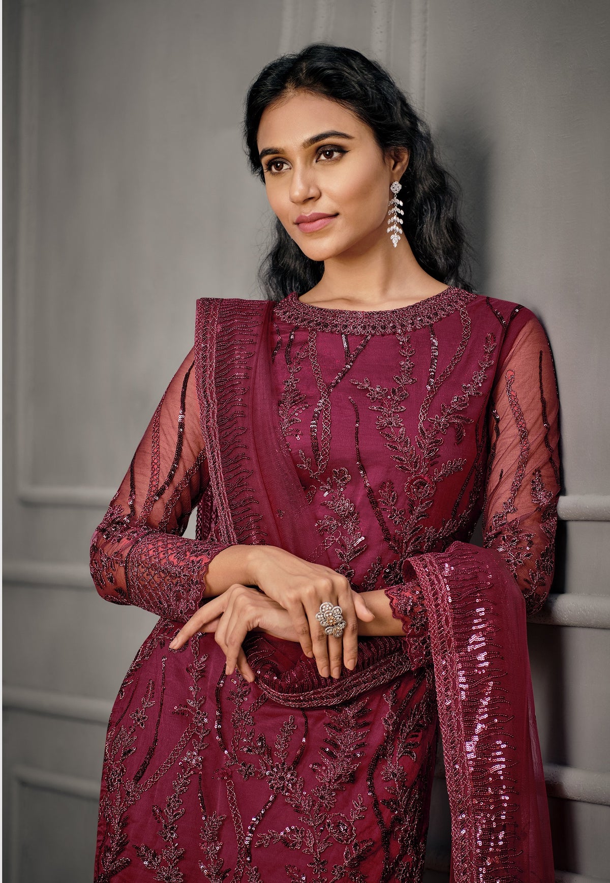 Beet Color Women Soft Net Embroidery Work Straight Salwar Suit - Joshindia