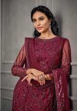 Beet Color Women Soft Net Embroidery Work Straight Salwar Suit - Joshindia