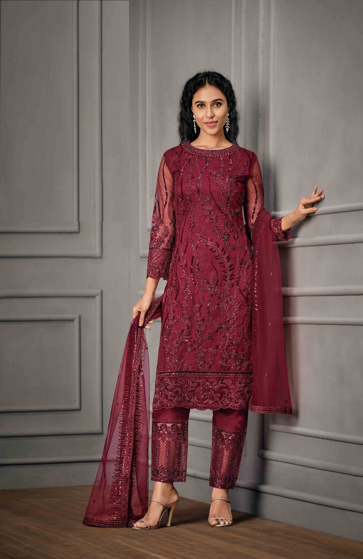 Red Color Women Soft Net Embroidery Work Straight Salwar Suit For Woman - Joshindia