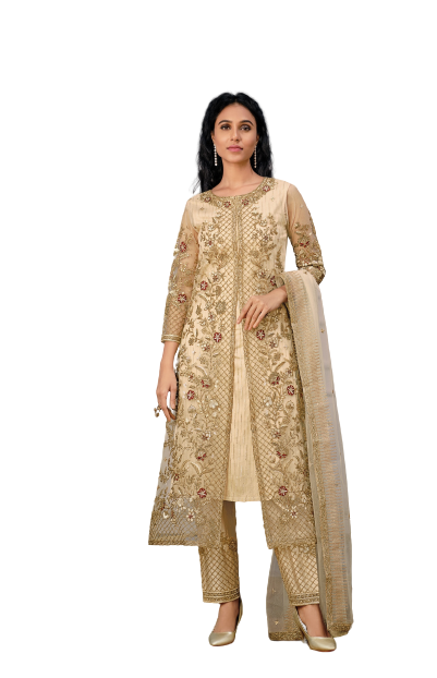 Off White Color Women Soft Net Embroidery Work Straight Salwar Suit - Joshindia