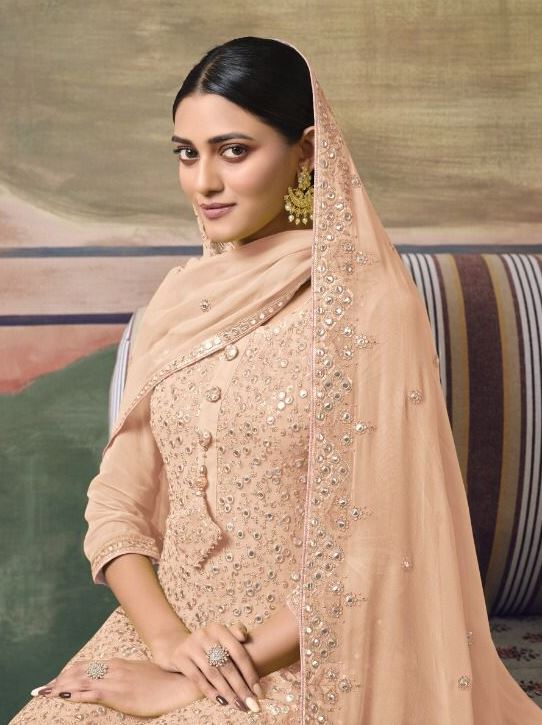 Peach Georgette Semi-Stitched Sharara Salwar Suit - Joshindia