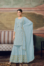 Sky Blue Georgette Semi-Stitched Sharara Salwar Suit - Joshindia