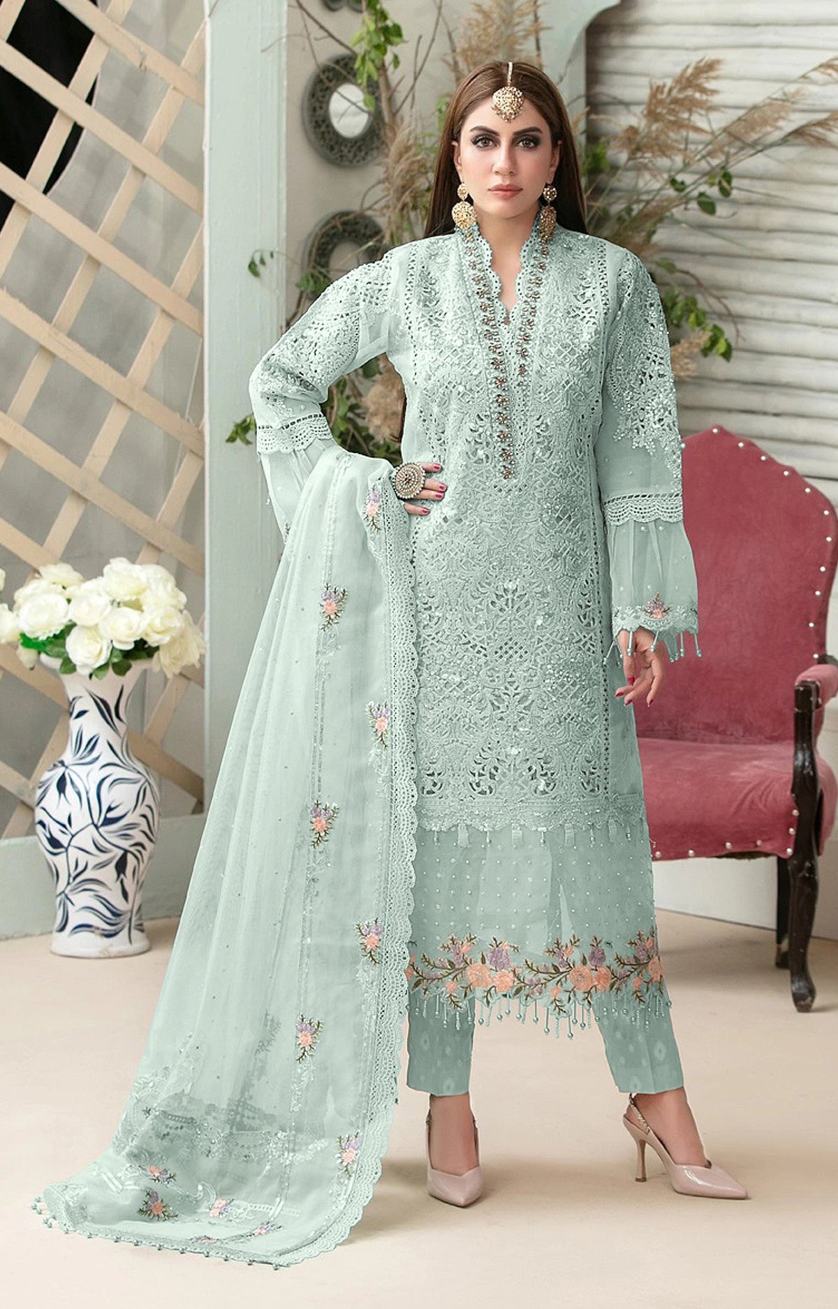 Pista Heavy Butteryfly Net With Moti Work Straight Salwar Suit - Joshindia