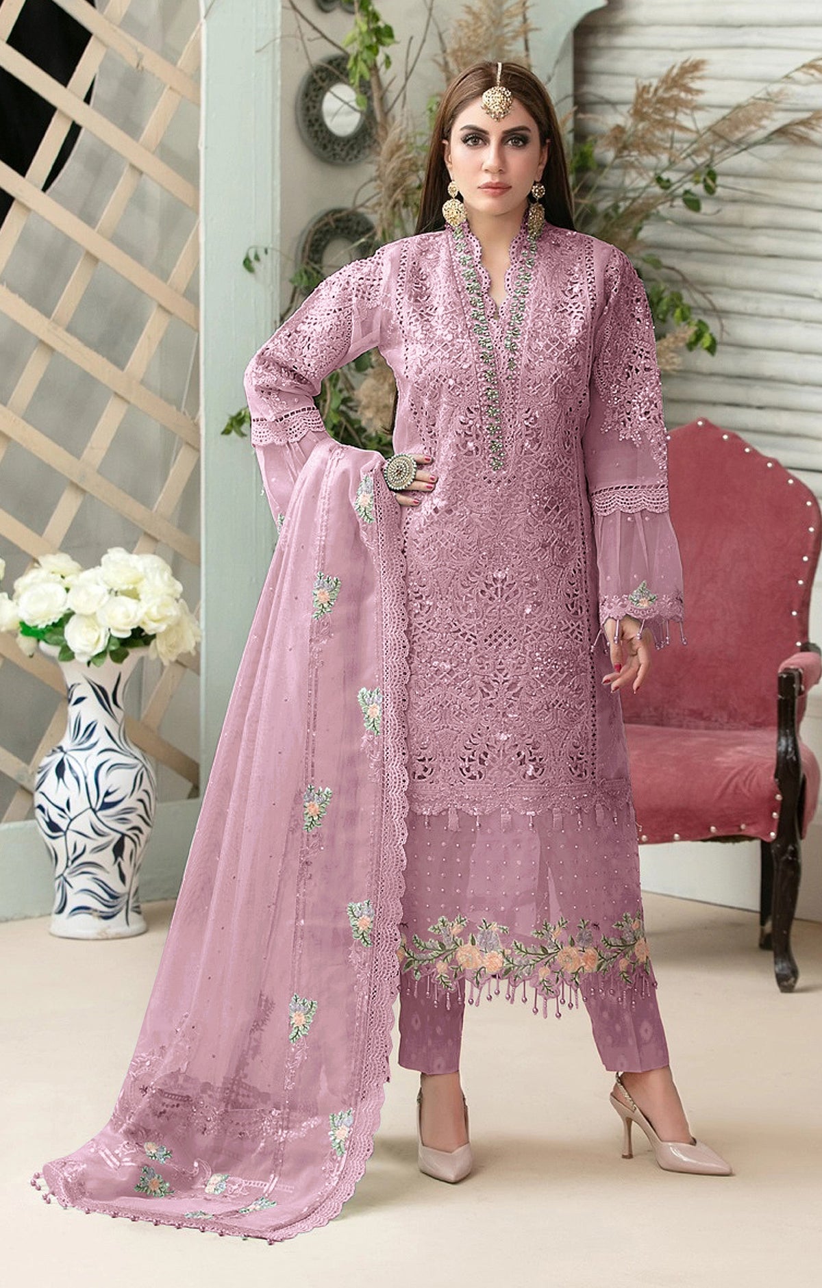 Pink Heavy Butteryfly Net With Moti Work Straight Salwar Suit - Joshindia