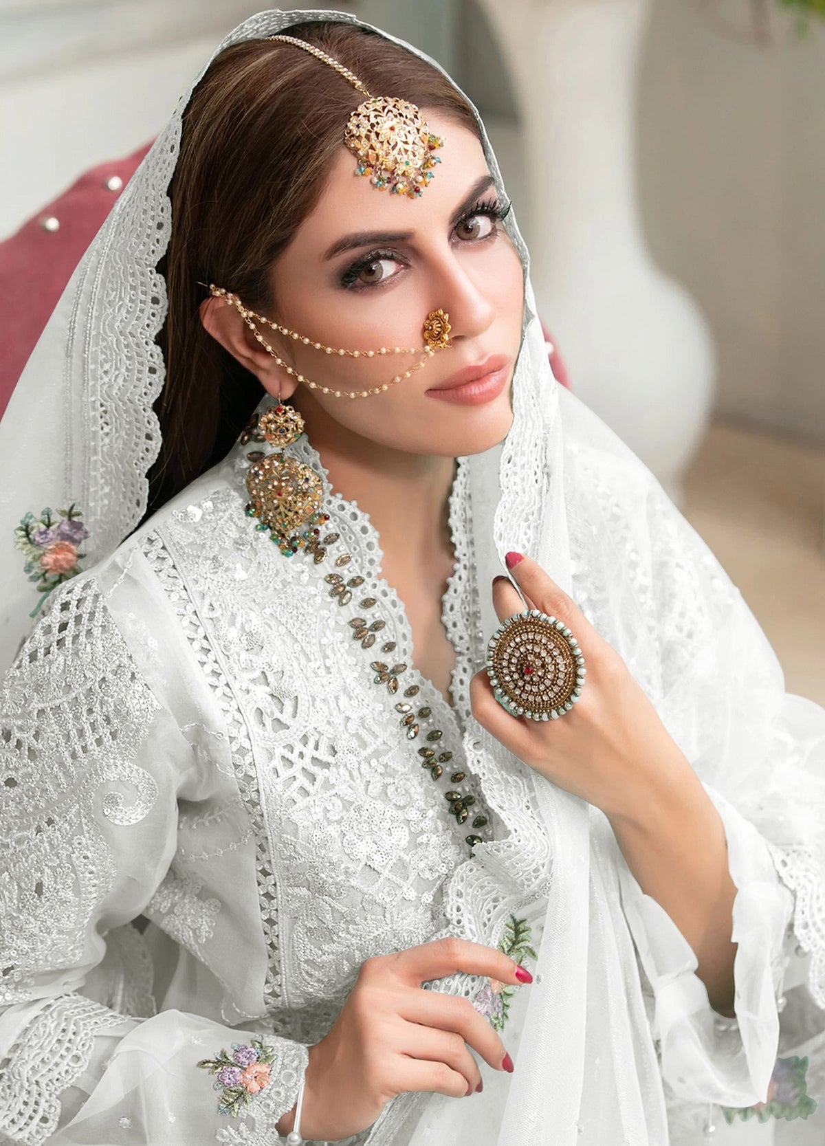 White Heavy Butteryfly Net With Moti Work Straight Salwar Suit - Joshindia