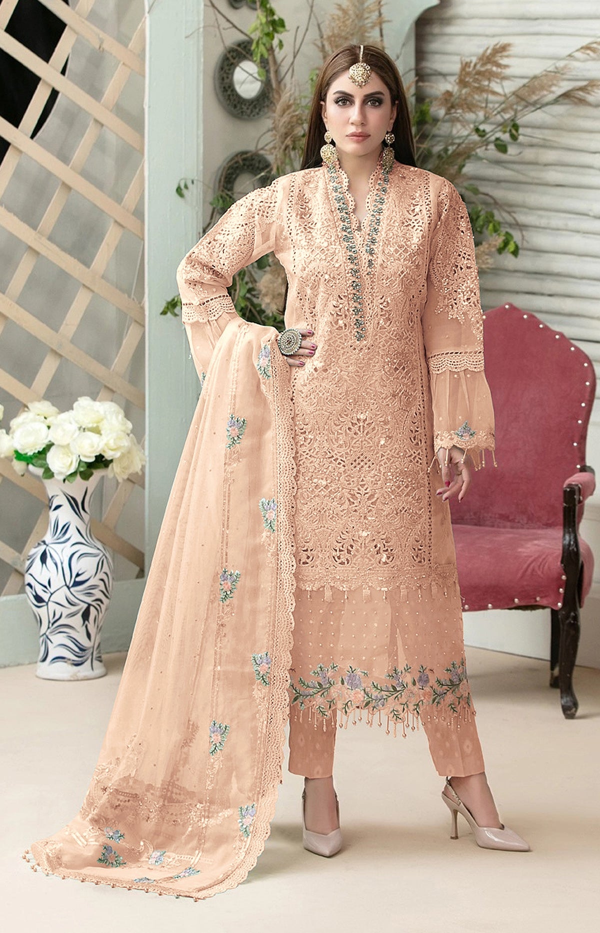 Peach Heavy Butteryfly Net With Moti Work Straight Salwar Suit - Joshindia