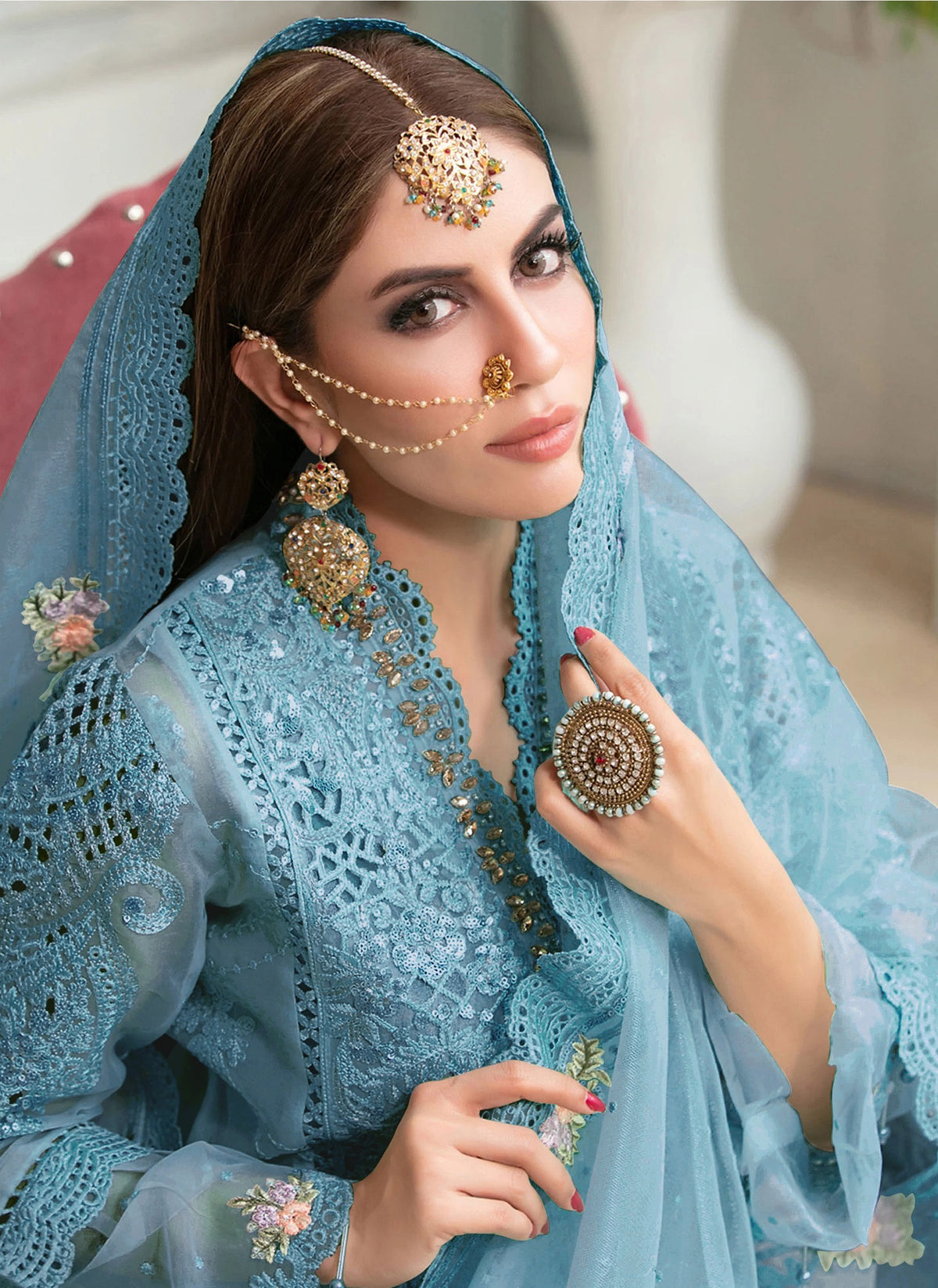 Blue Heavy Butteryfly Net With Moti Work Straight Salwar Suit - Joshindia