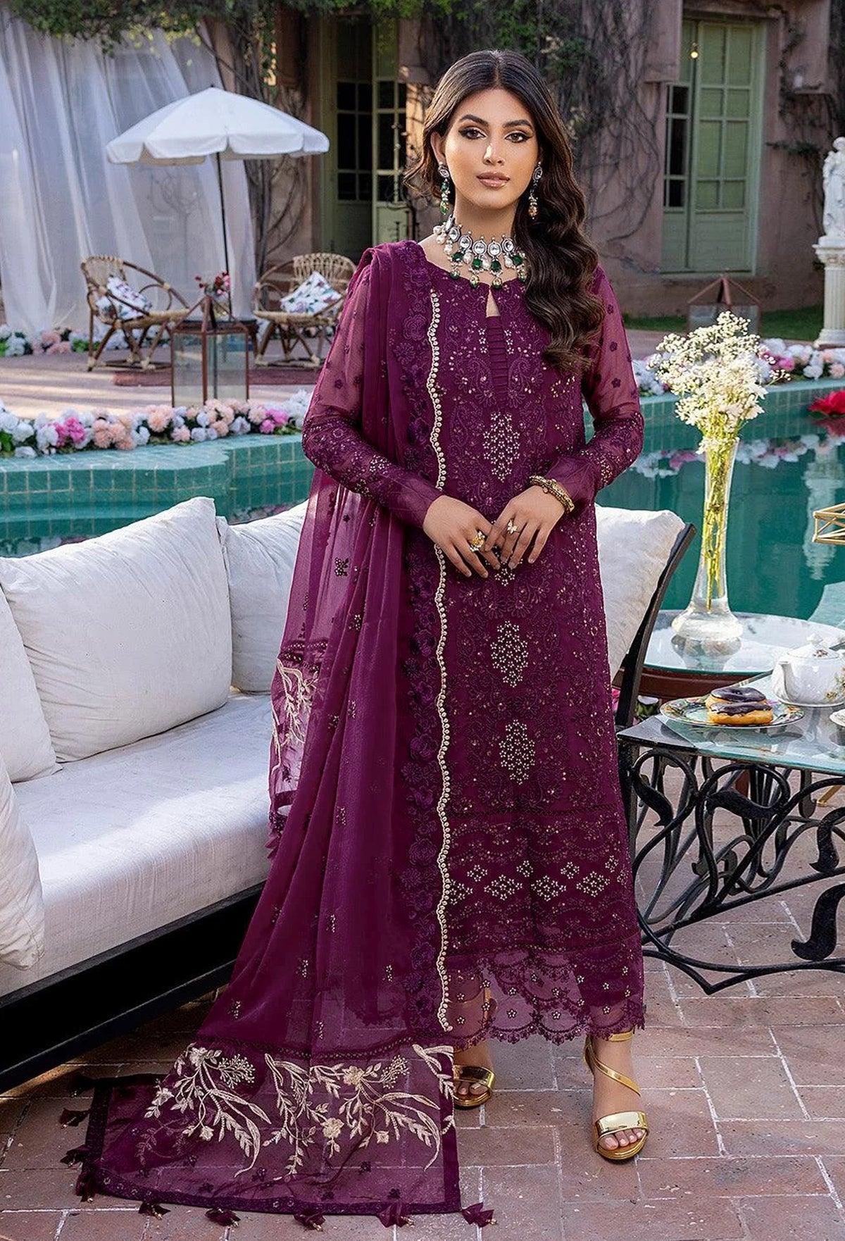 Purple Embroidery Sequence Work Semi Stitched Salwar Suit - Joshindia