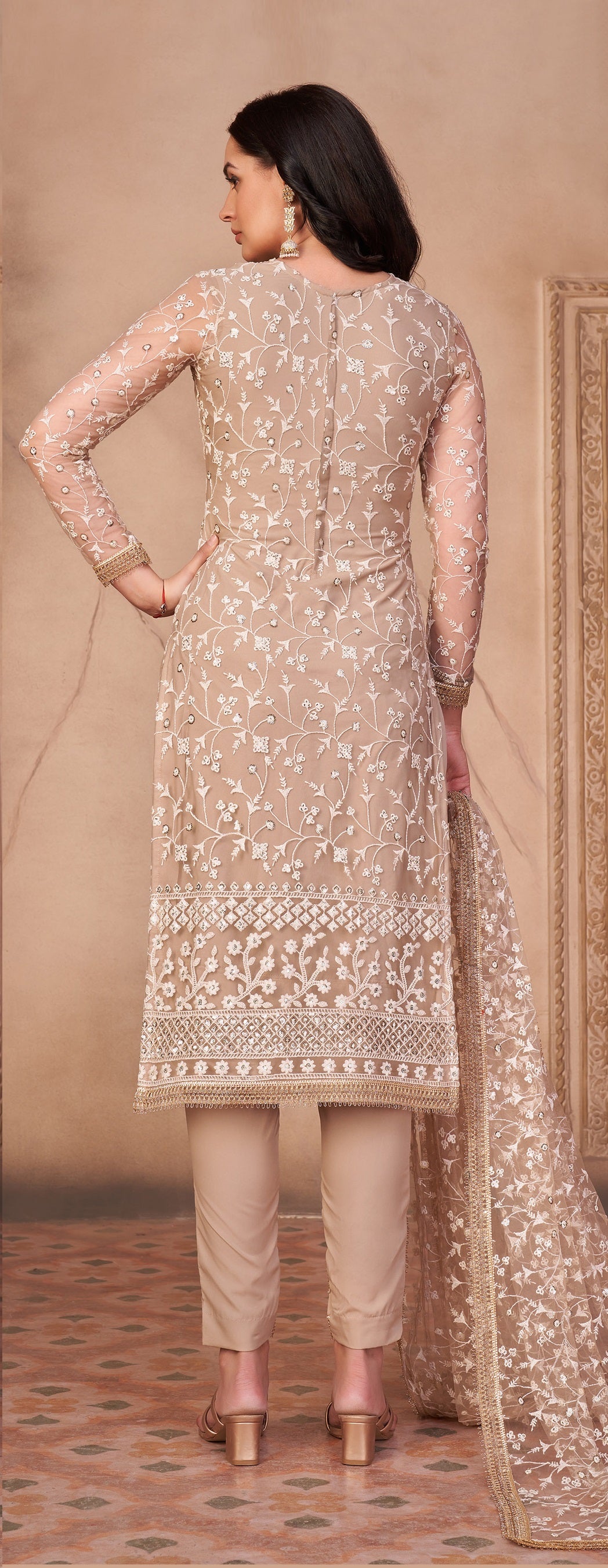 Beige Butterfly Net Straight Salwar Suit - Joshindia