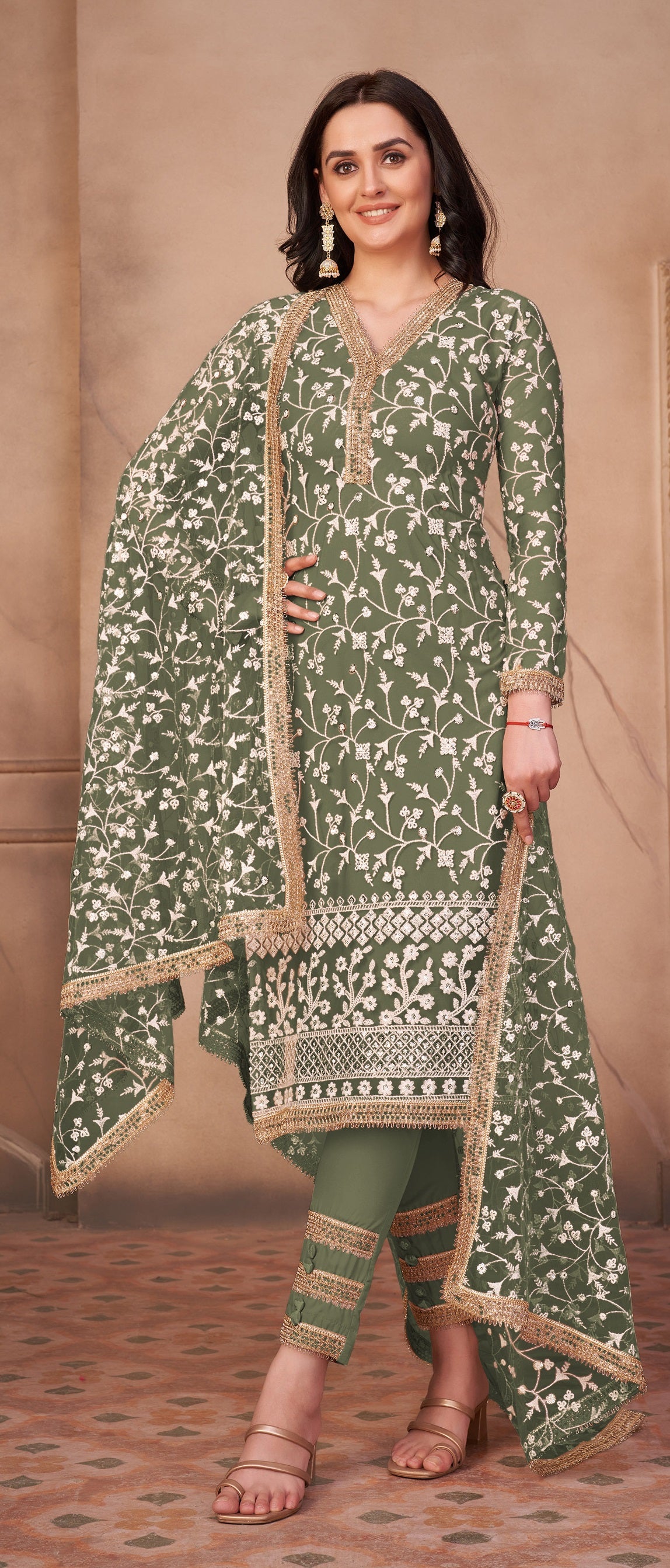 Green Butterfly Net Straight Salwar Suit - Joshindia