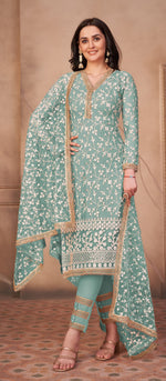 Sky Blue Butterfly Net Straight Salwar Suit - Joshindia