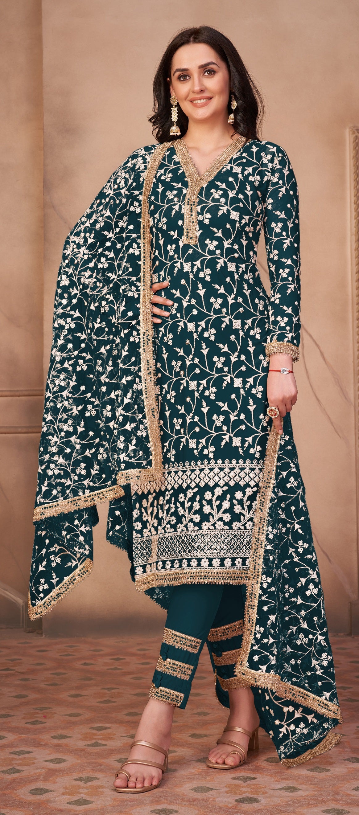 Dark Green Butterfly Net Straight Salwar Suit - Joshindia