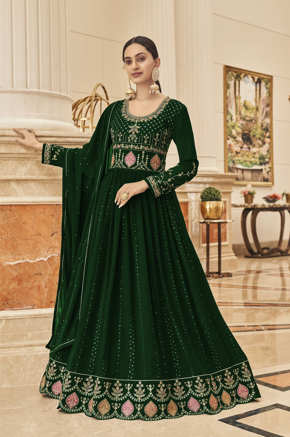 Green Color Heavy Faux Georgette With Sequence Work Anarkali Salwar Suit - Joshindia