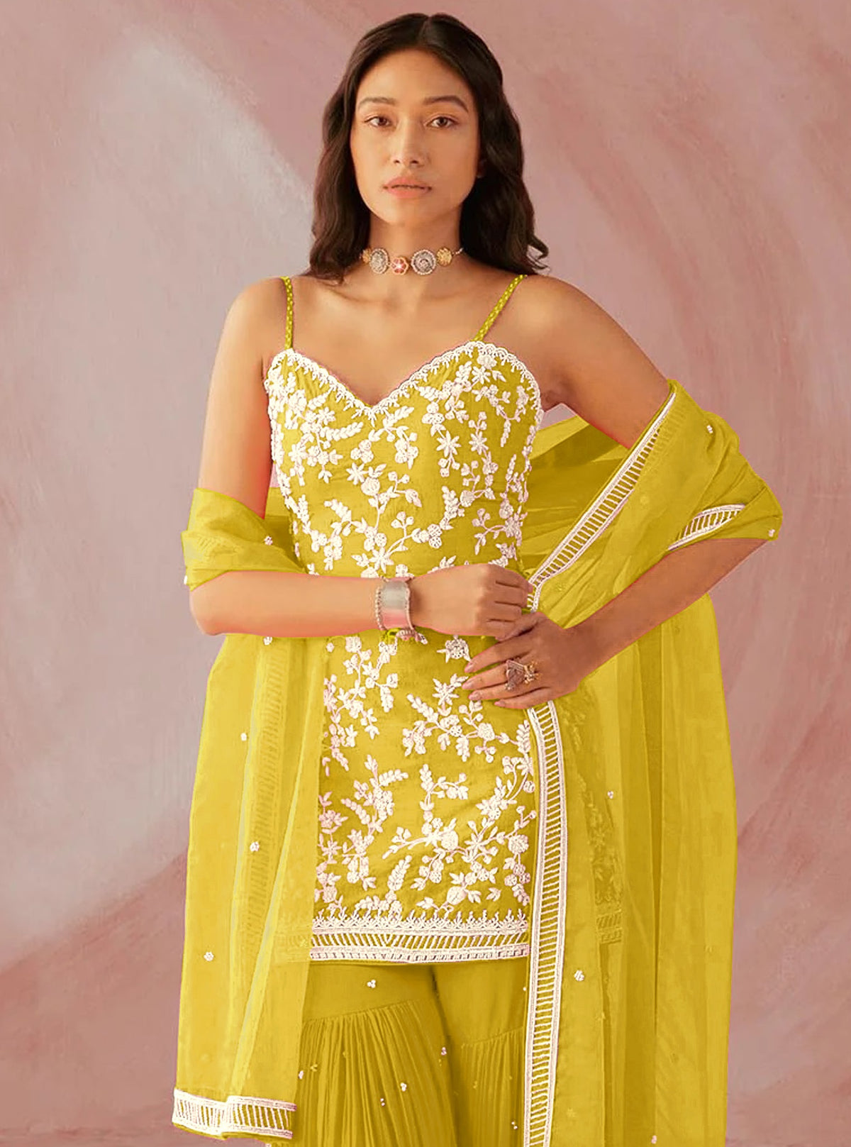Yellow Color Hevey Faux Georgette With Embroidery And Mirror Work Fancy Palazzo suit - Joshindia