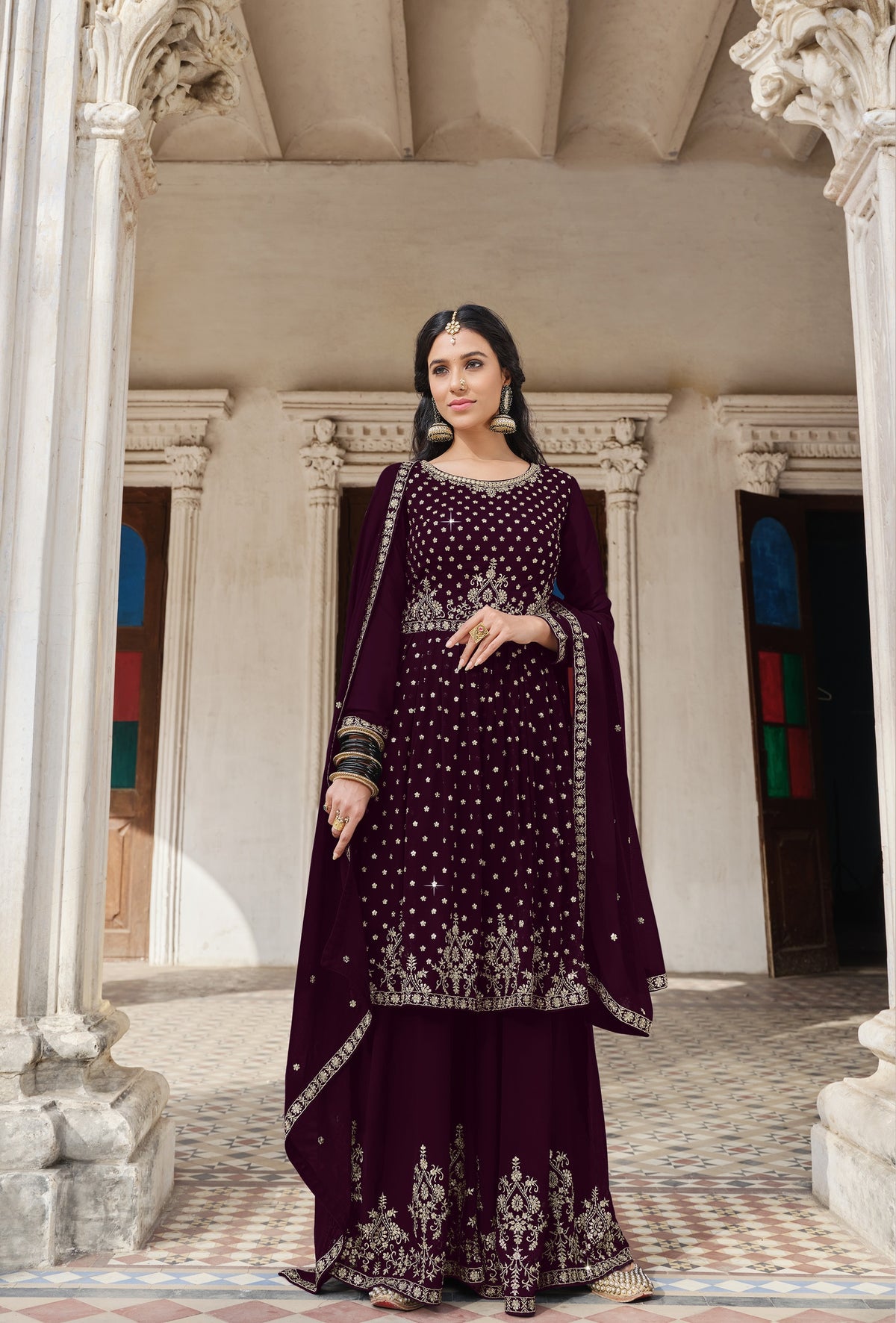 Wine Color Embroidered Designer Palazzo Salwar Kameez - Joshindia