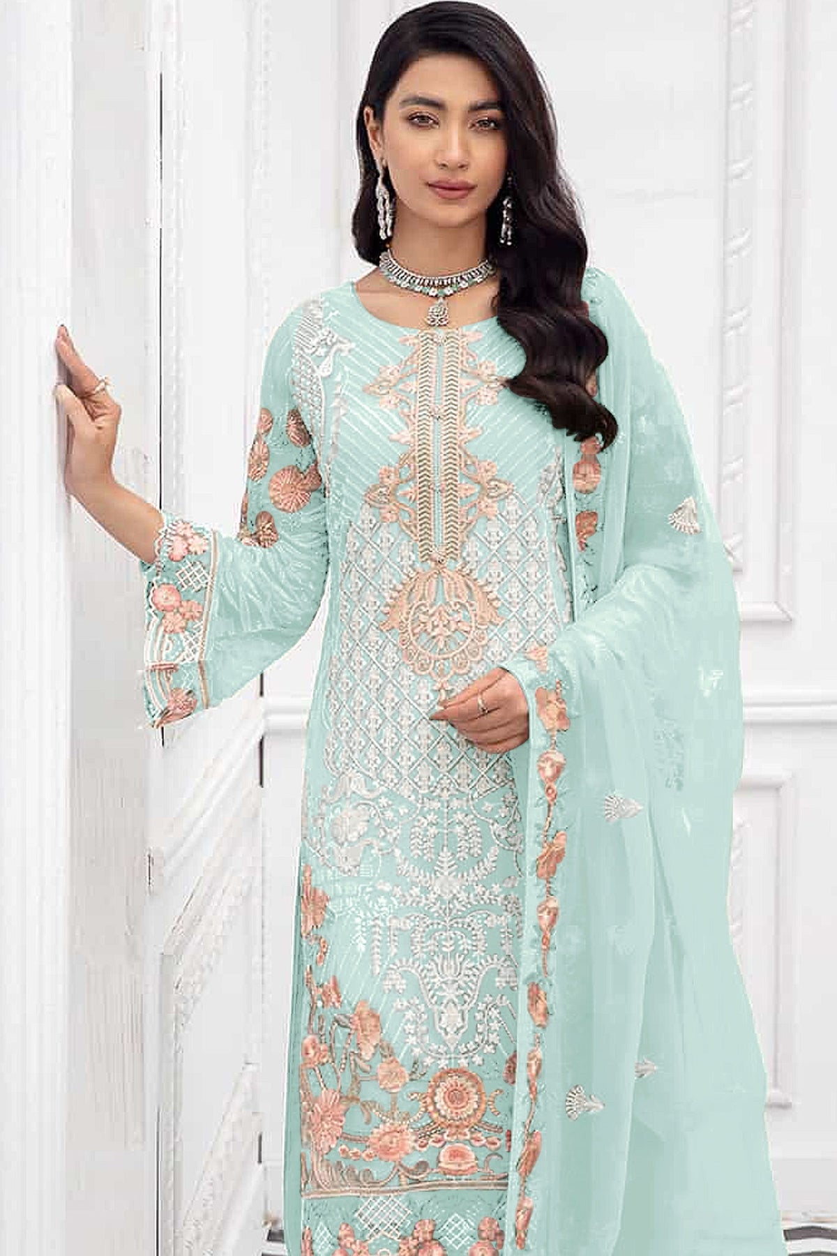Sky BLue Color Faux Georgette Straight Salwar Suit - Joshindia