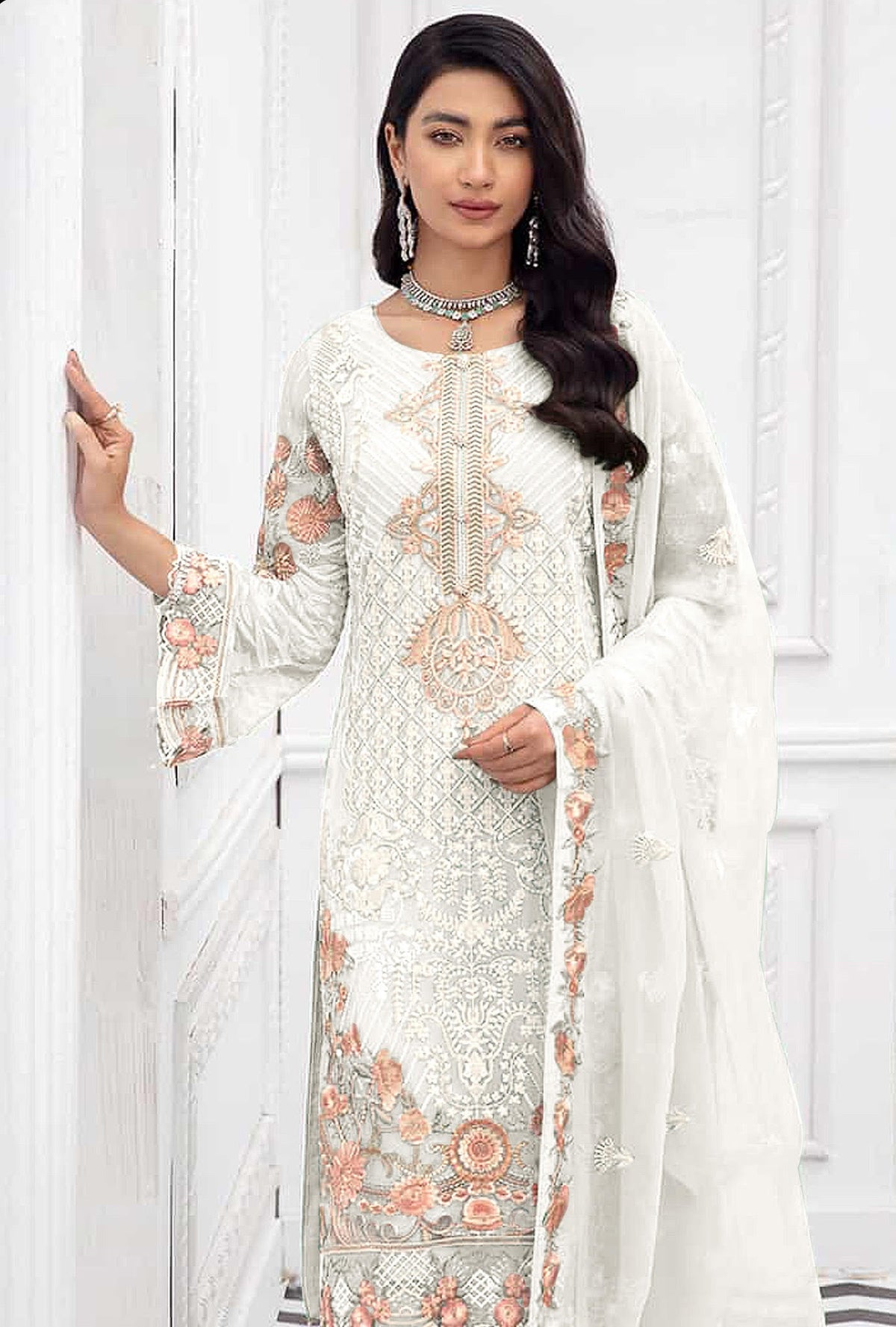White Color Faux Georgette Straight Salwar Suit - Joshindia