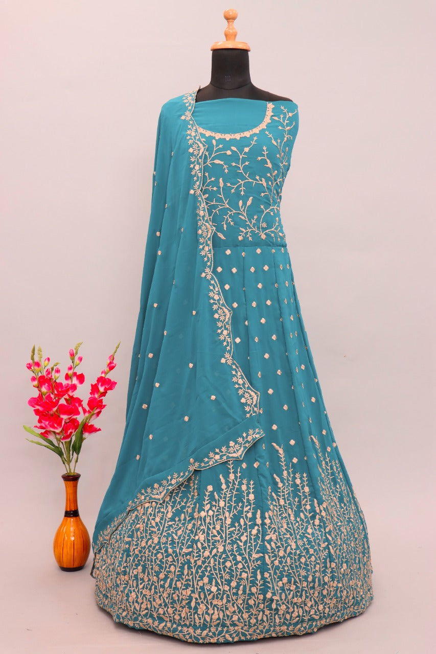 Sky Blue Color Heavy Fox Georgette Long Anarkali Salwar Suit - Joshindia