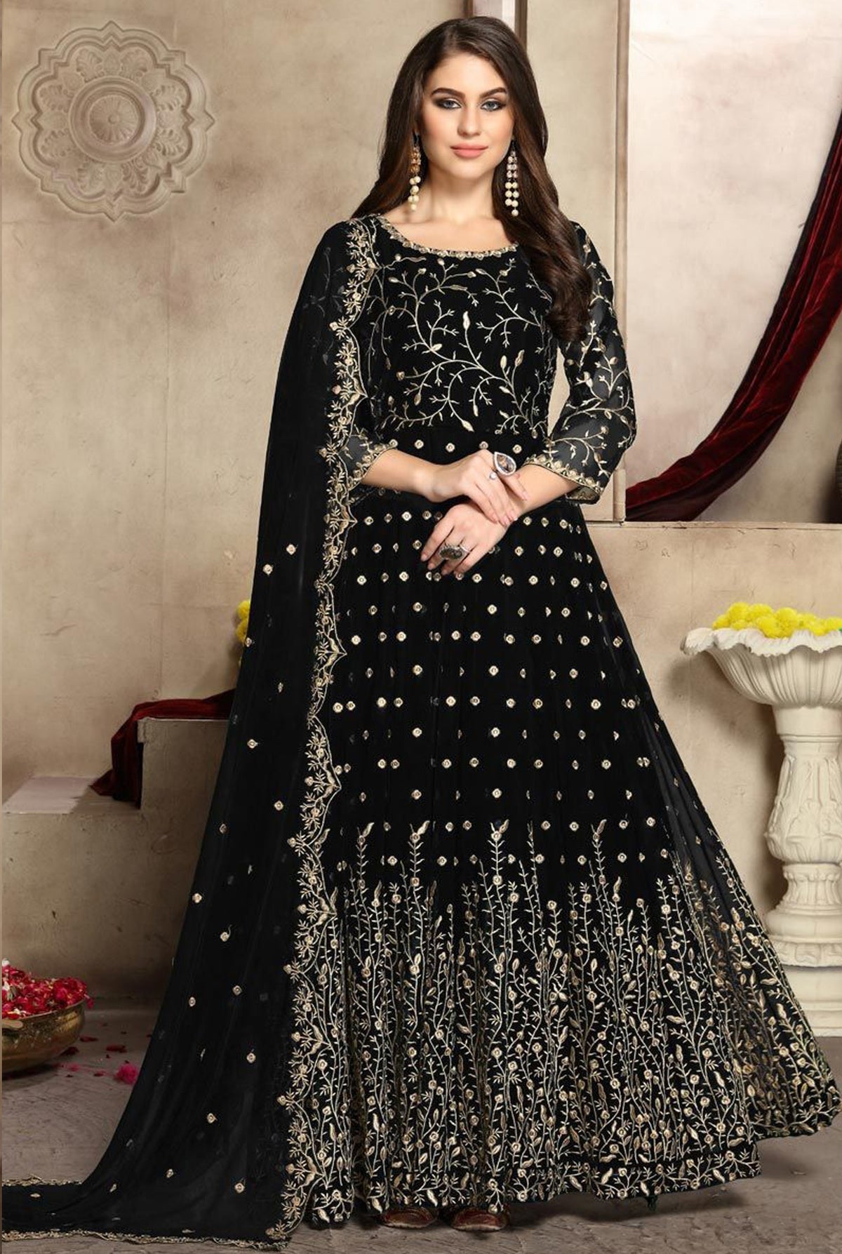 Black Color Heavy Fox Georgette Long Anarkali Salwar Suit - Joshindia
