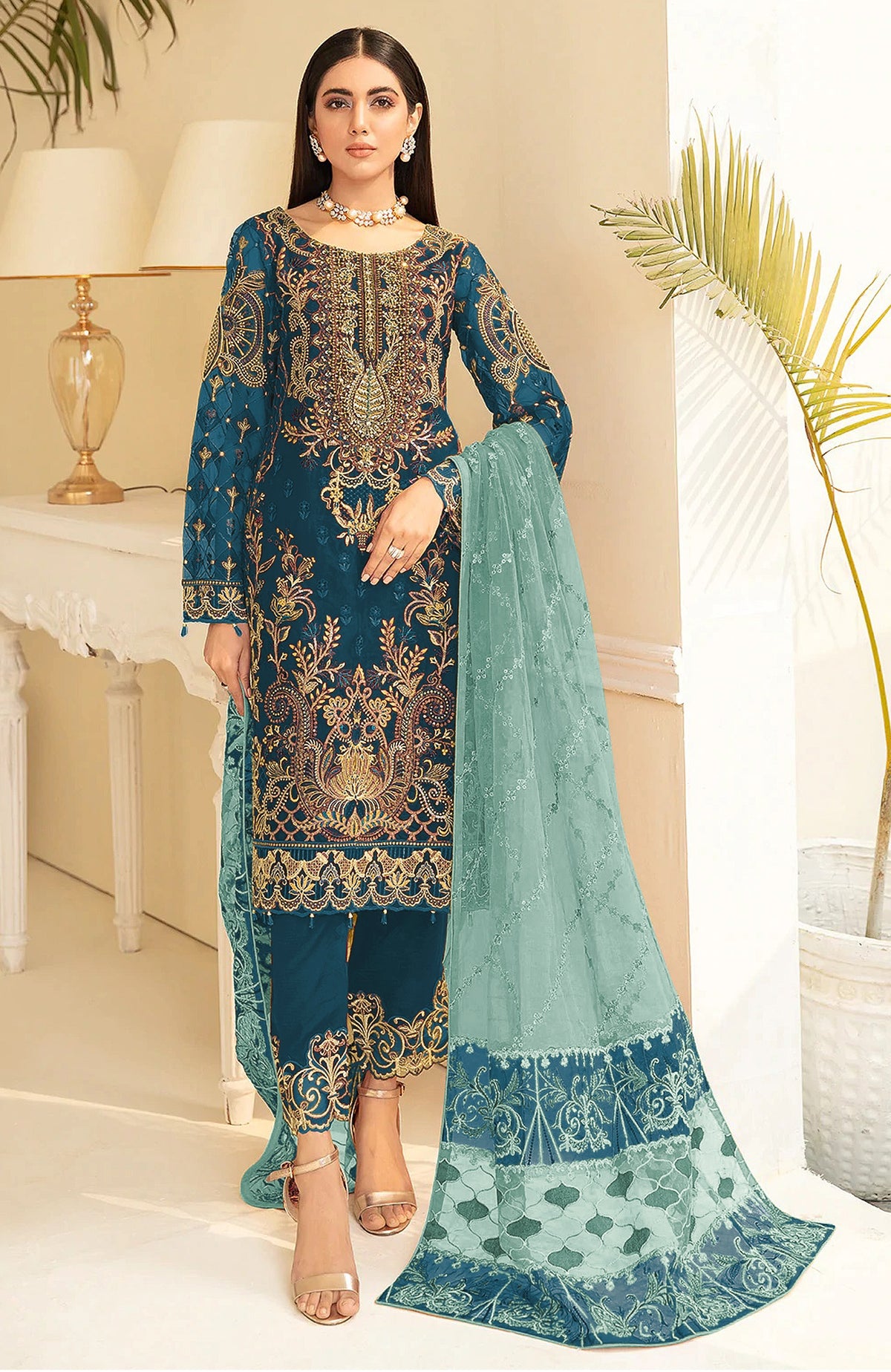 Sea Blue Color Heavy Georgette Straight Salwar Suit - Joshindia