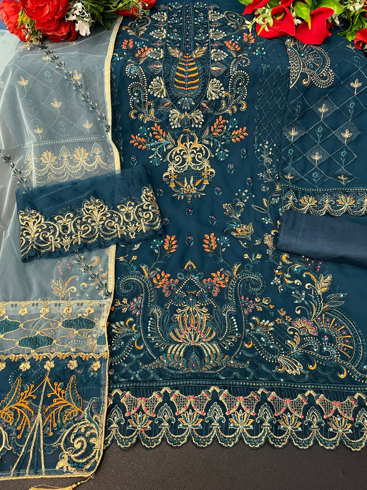 Sea Blue Color Heavy Georgette Straight Salwar Suit - Joshindia