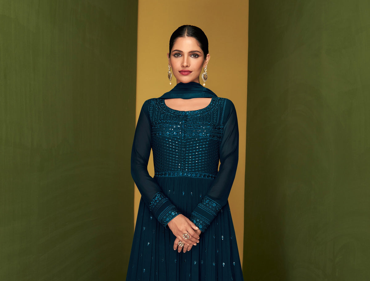 Sea Green Color Faux Georgette Anarakali Long Salwar Suit - Joshindia