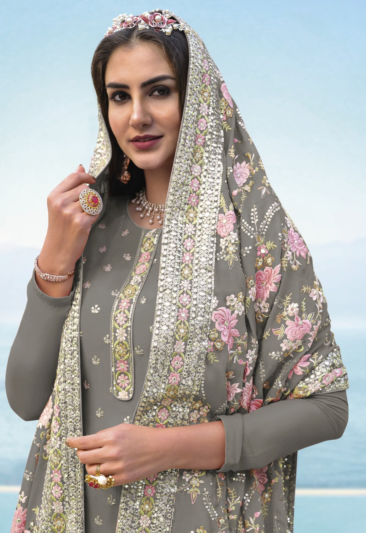 Grey Color Georgette Straight Salwar Suit - Joshindia