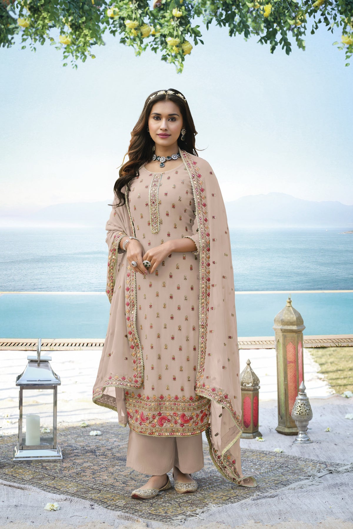 Beige Color Georgette Straight Palazzo Salwar Suit - Joshindia