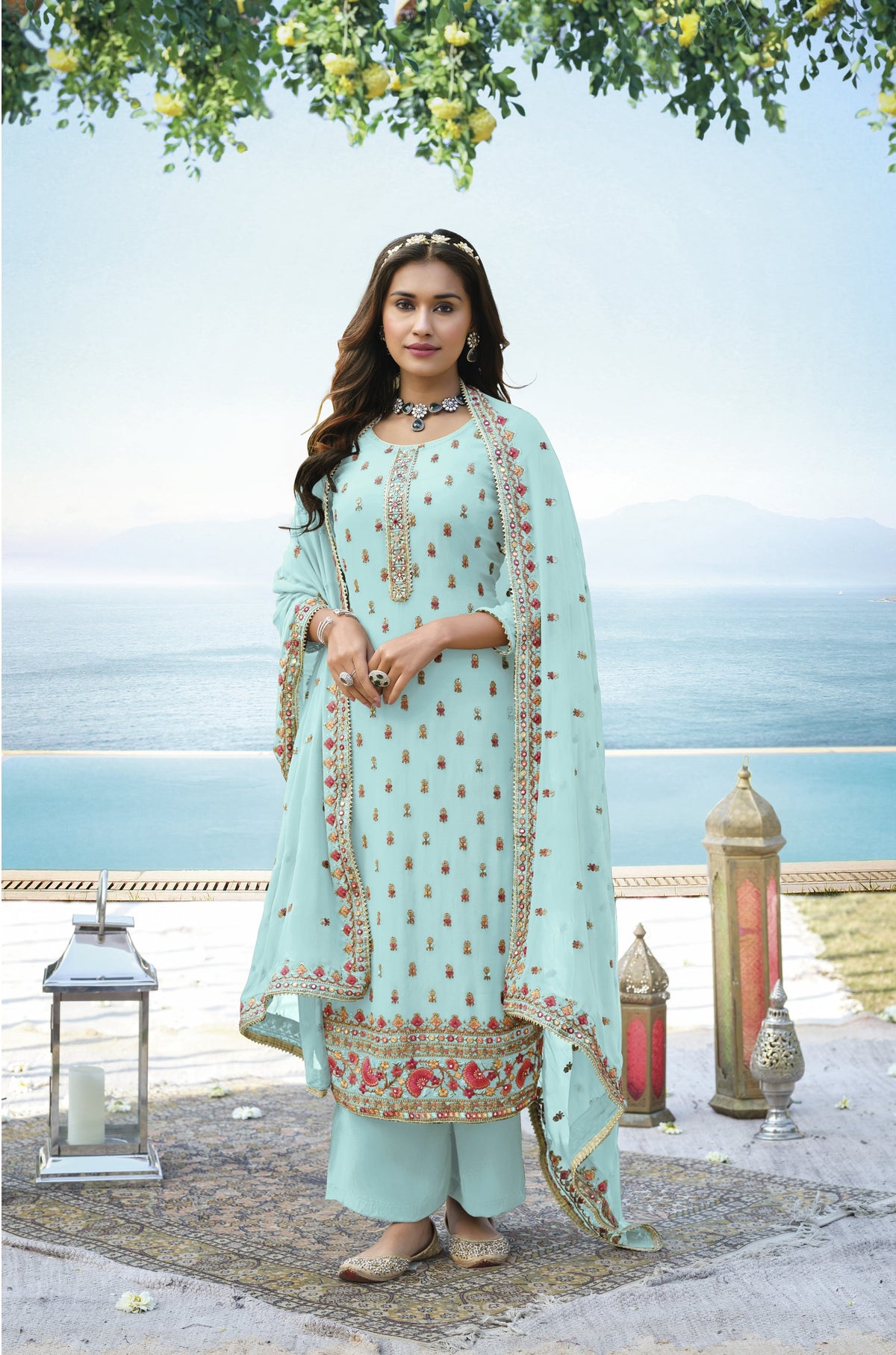 Sky Blue Color Georgette Straight Palazzo Salwar Suit - Joshindia