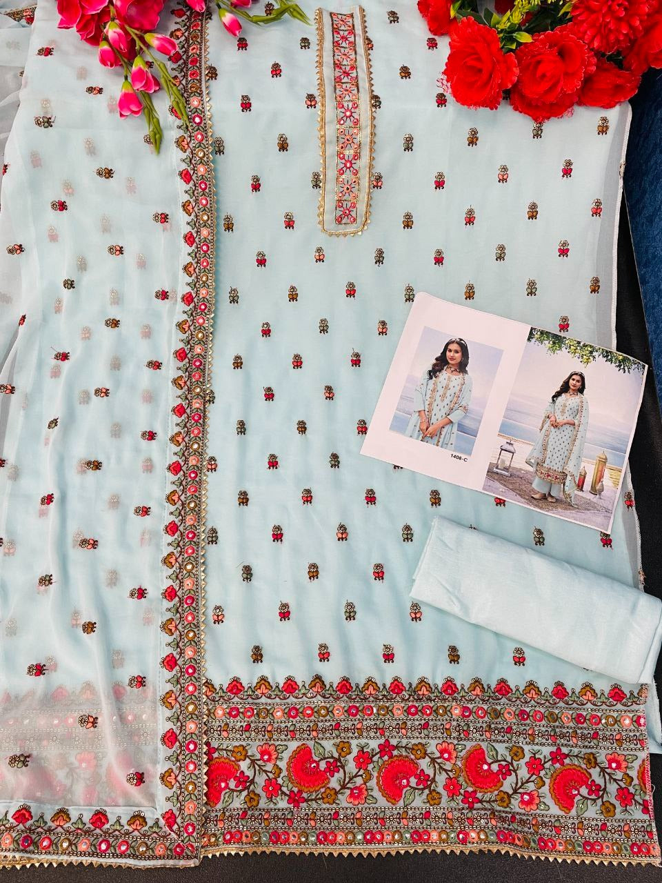 Sky Blue Color Georgette Straight Palazzo Salwar Suit - Joshindia