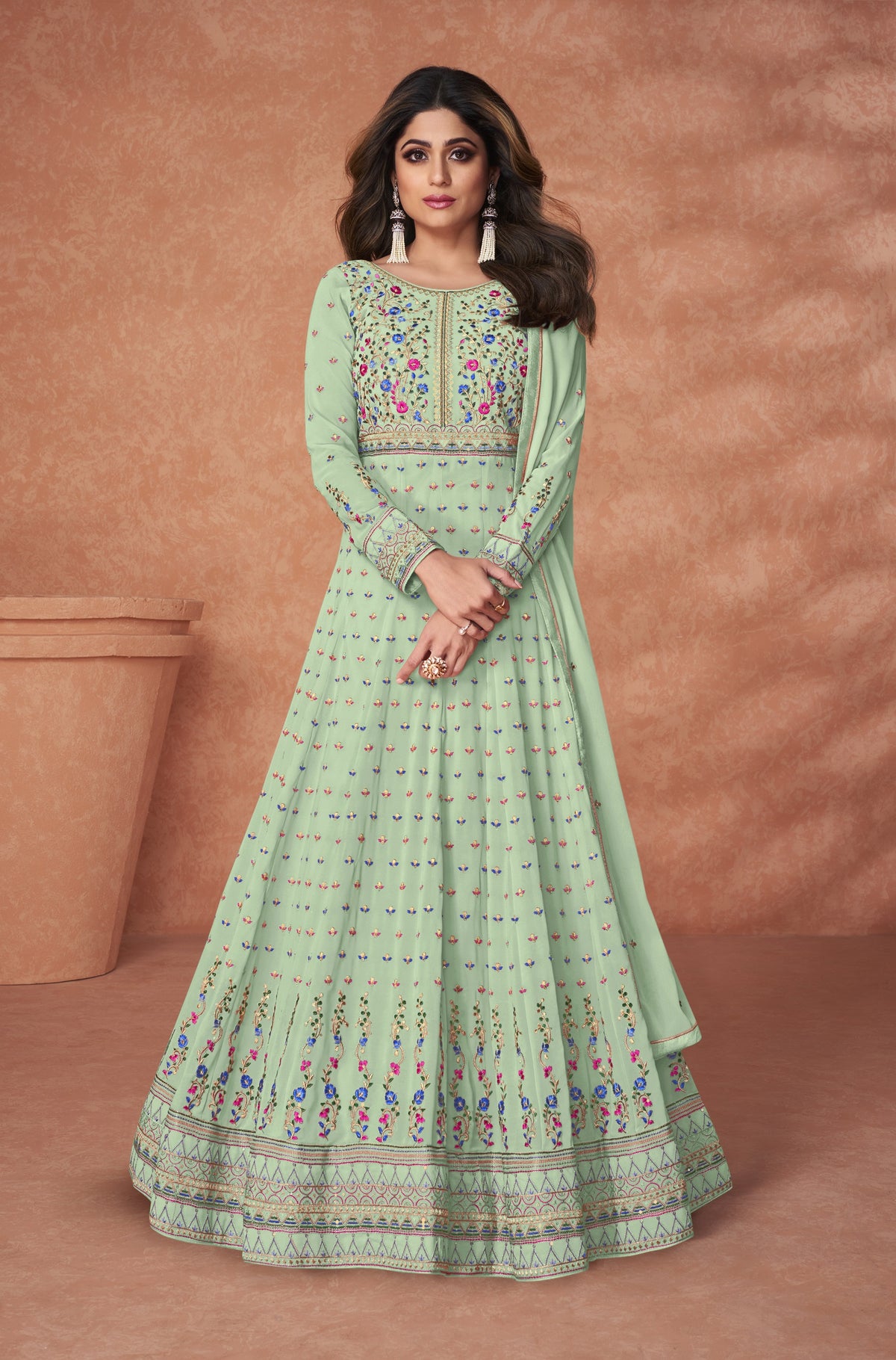 Pista Color Faux Georgette Long Anarakali salwar Suit - Joshindia