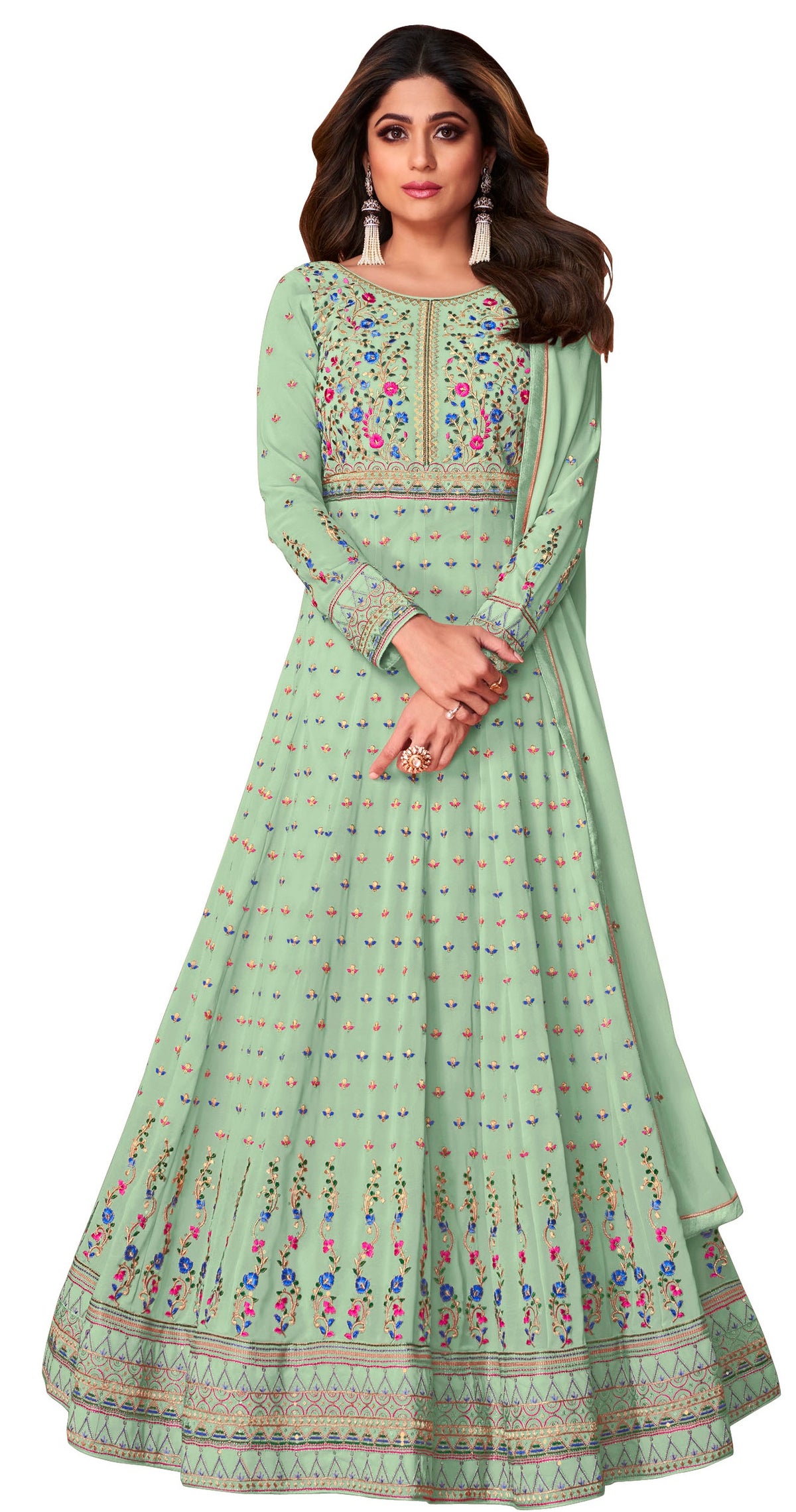Pista Color Faux Georgette Long Anarakali salwar Suit - Joshindia