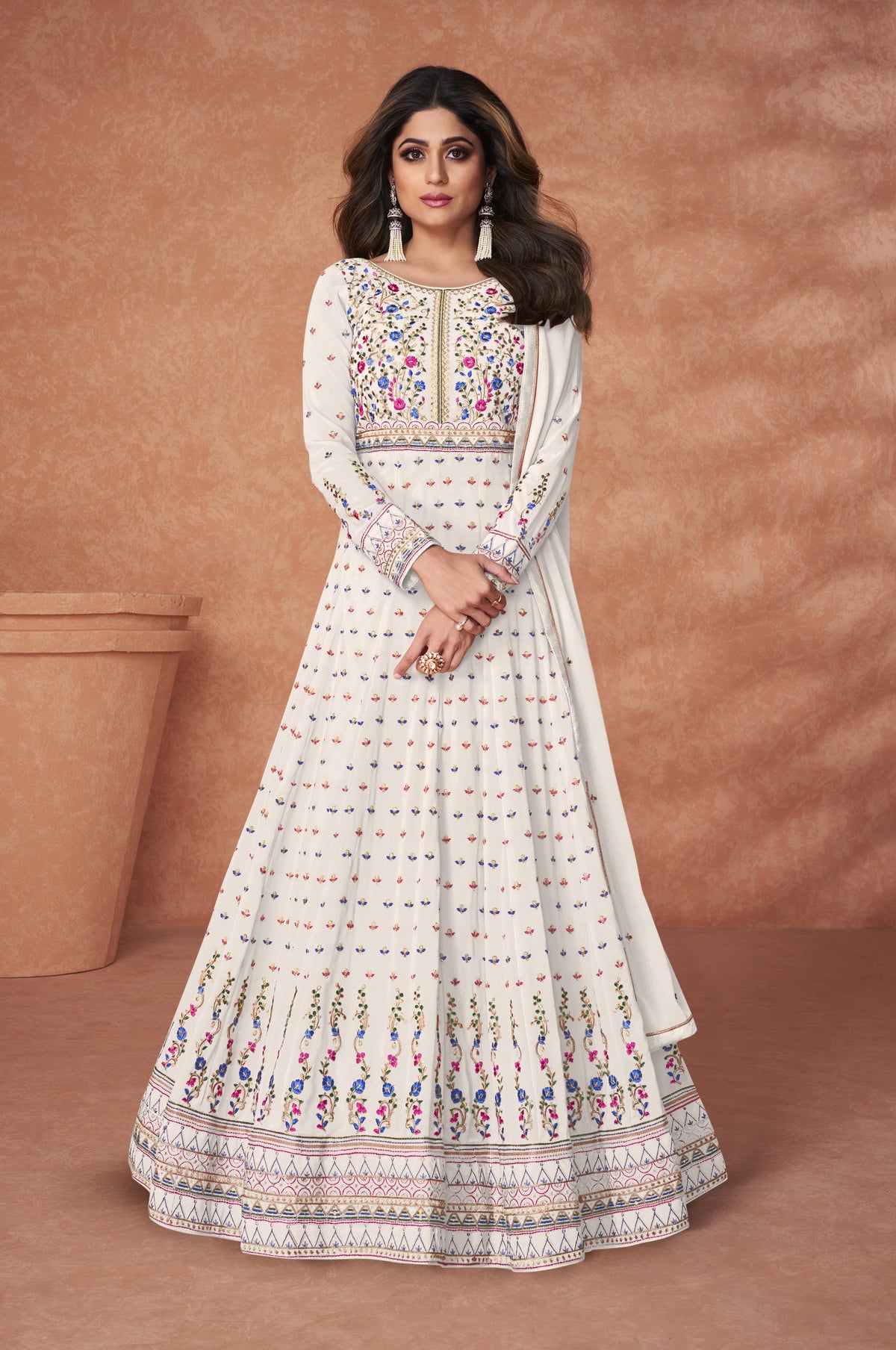 White Color Faux Georgette Long Anarakali salwar Suit - Joshindia