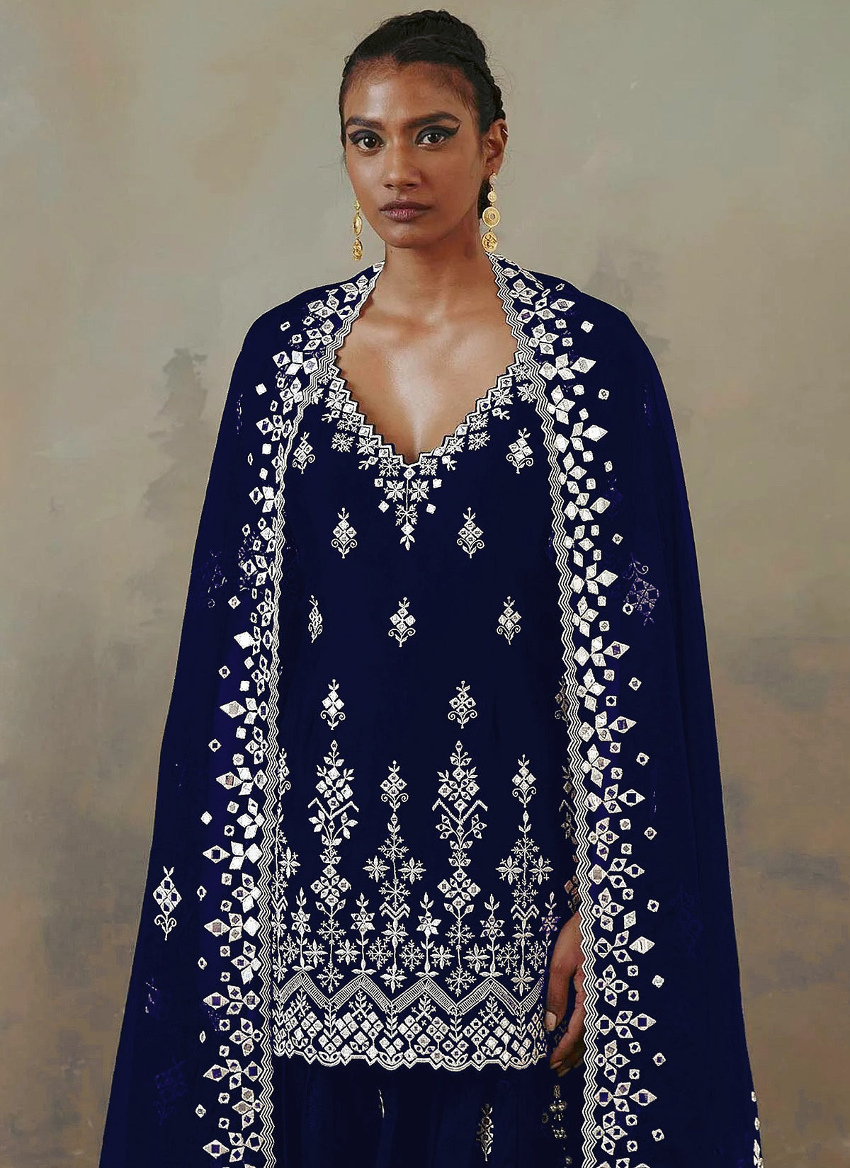 Nevy Blue Color Faux Georgette With Cotton Mirror Work Sharara Salwar suit - Joshindia